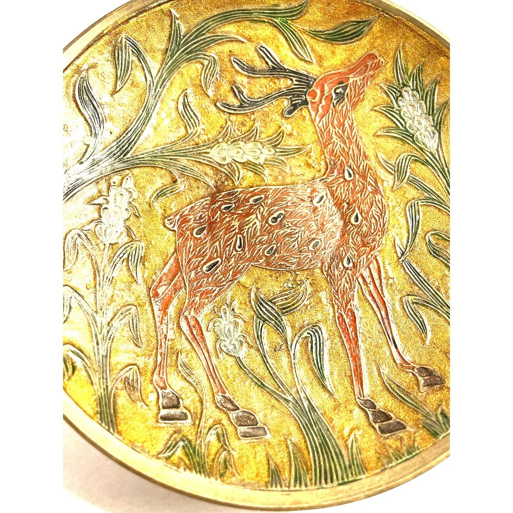 Deer in the Field Painted Enamel & Brass Pedestal Bowl 7 inches in diameter - Picture 3 of 4
